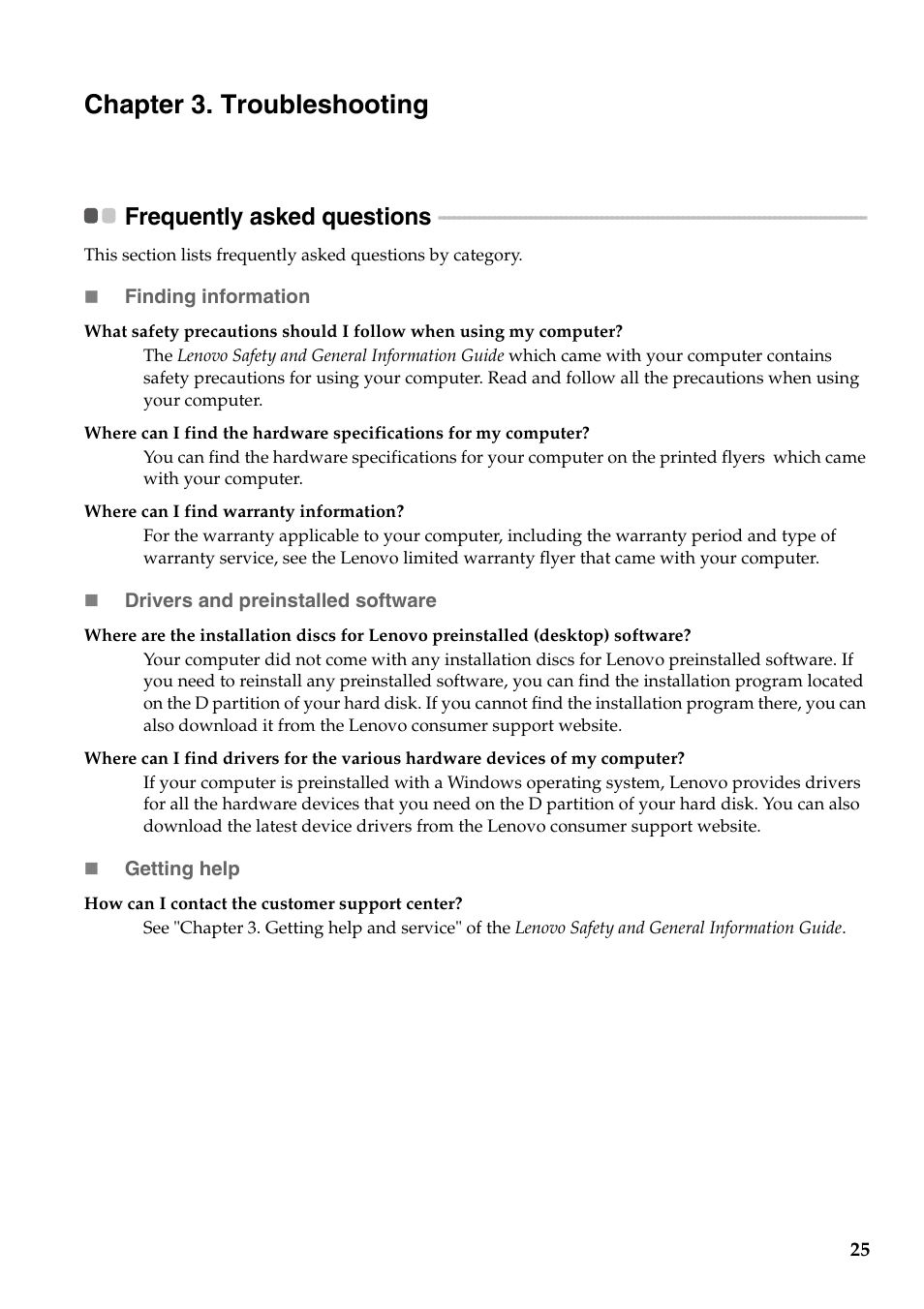 Chapter 3. troubleshooting, Frequently asked questions | Lenovo Yoga 11 Notebook IdeaPad User Manual | Page 29 / 35