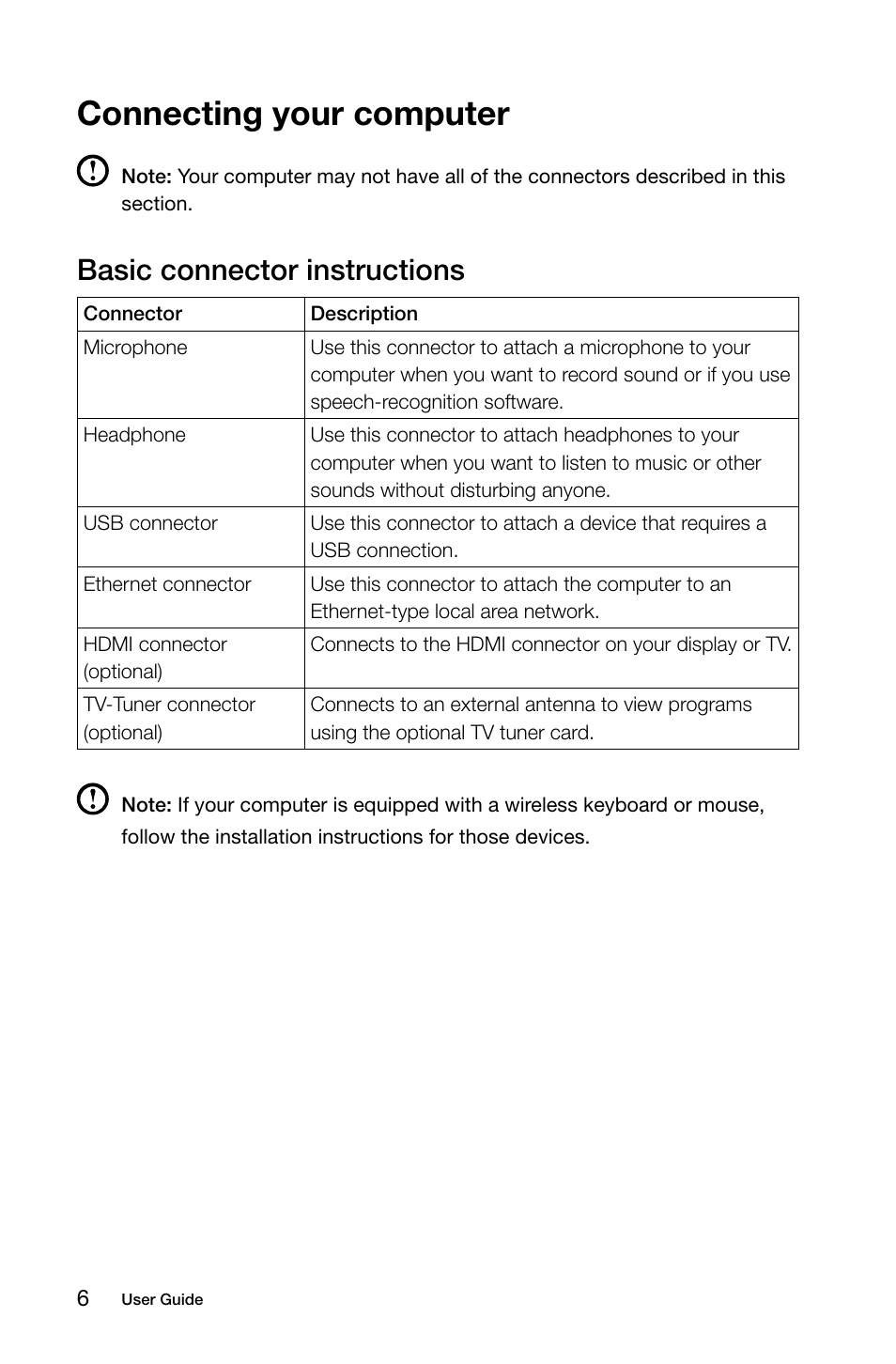 Connecting your computer, Basic connector instructions | Lenovo IdeaCentre A520 All-in-One User Manual | Page 11 / 43