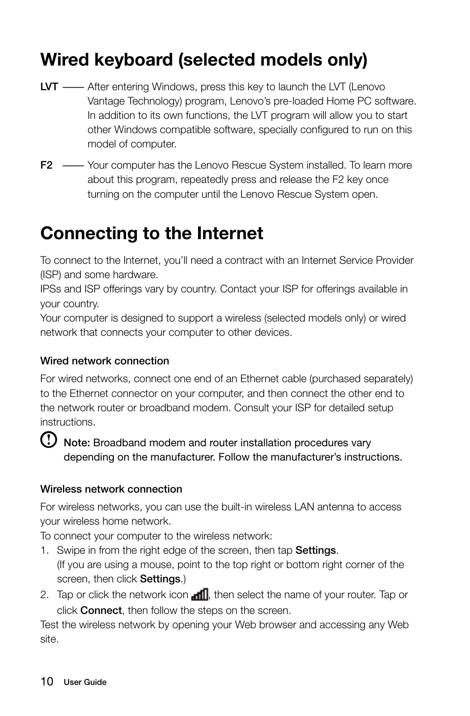Wired keyboard (selected models only), Connecting to the internet | Lenovo IdeaCentre A520 All-in-One User Manual | Page 15 / 43