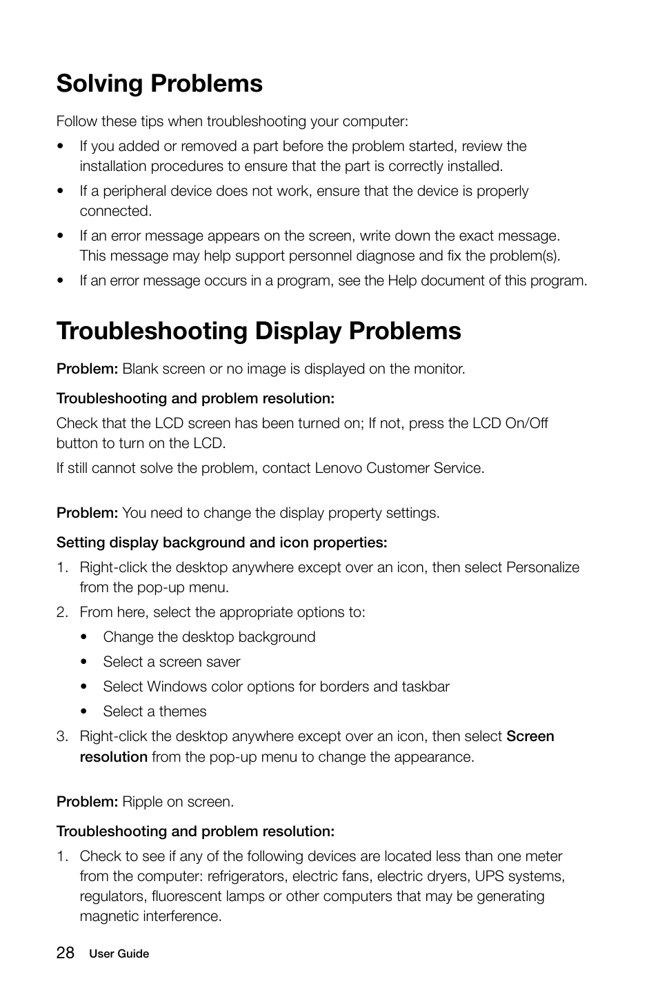 Solving problems, Troubleshooting display problems | Lenovo IdeaCentre A520 All-in-One User Manual | Page 33 / 43