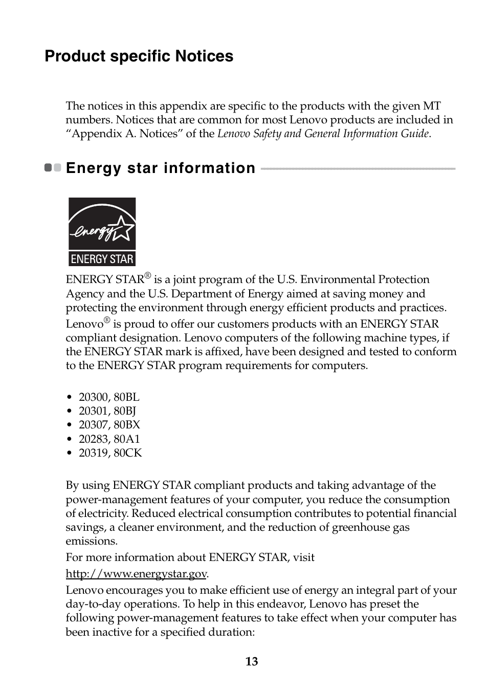 Product specific notices, Energy star information | Lenovo IdeaPad S310 Notebook User Manual | Page 13 / 20