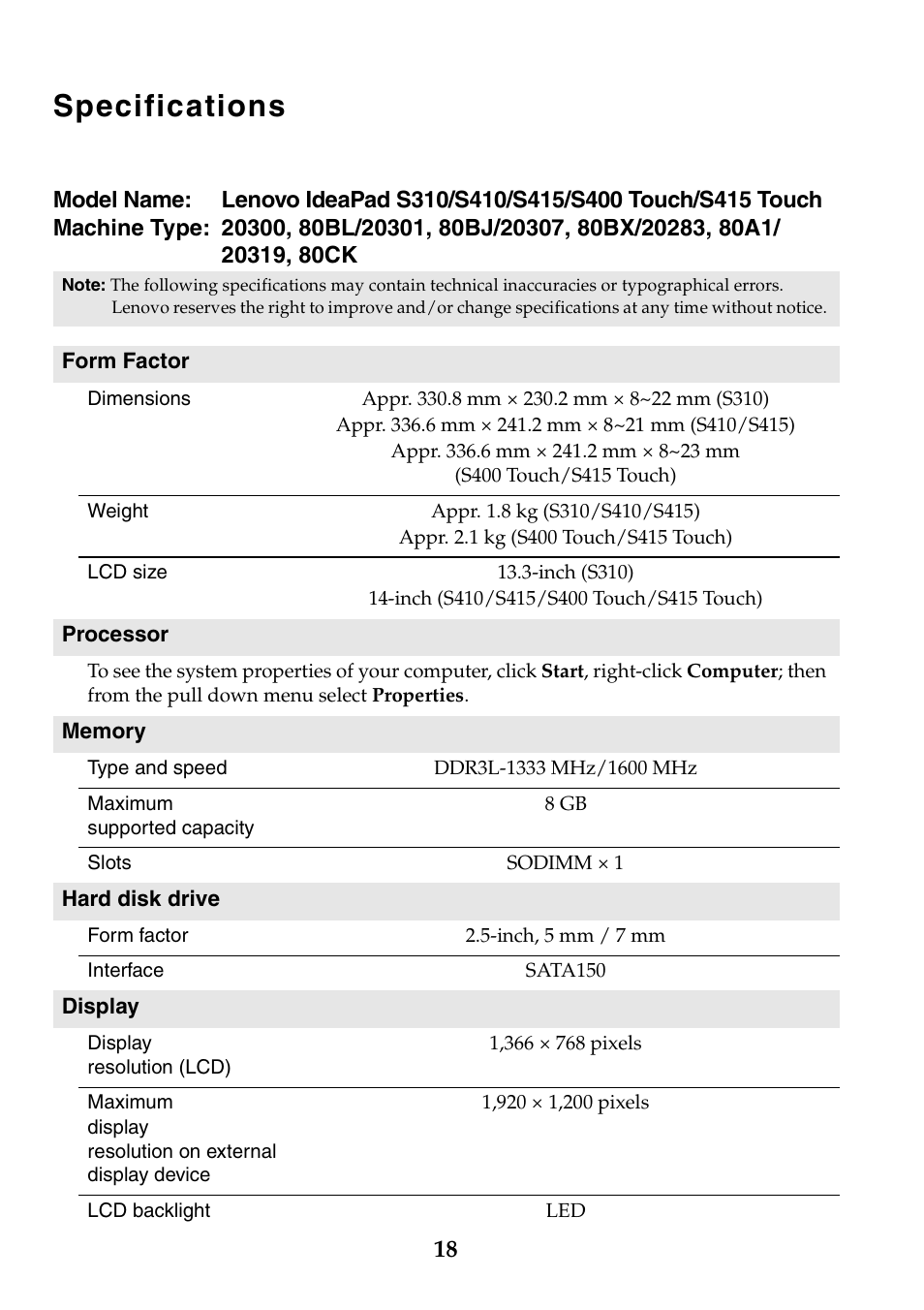 Specifications | Lenovo IdeaPad S310 Notebook User Manual | Page 18 / 20