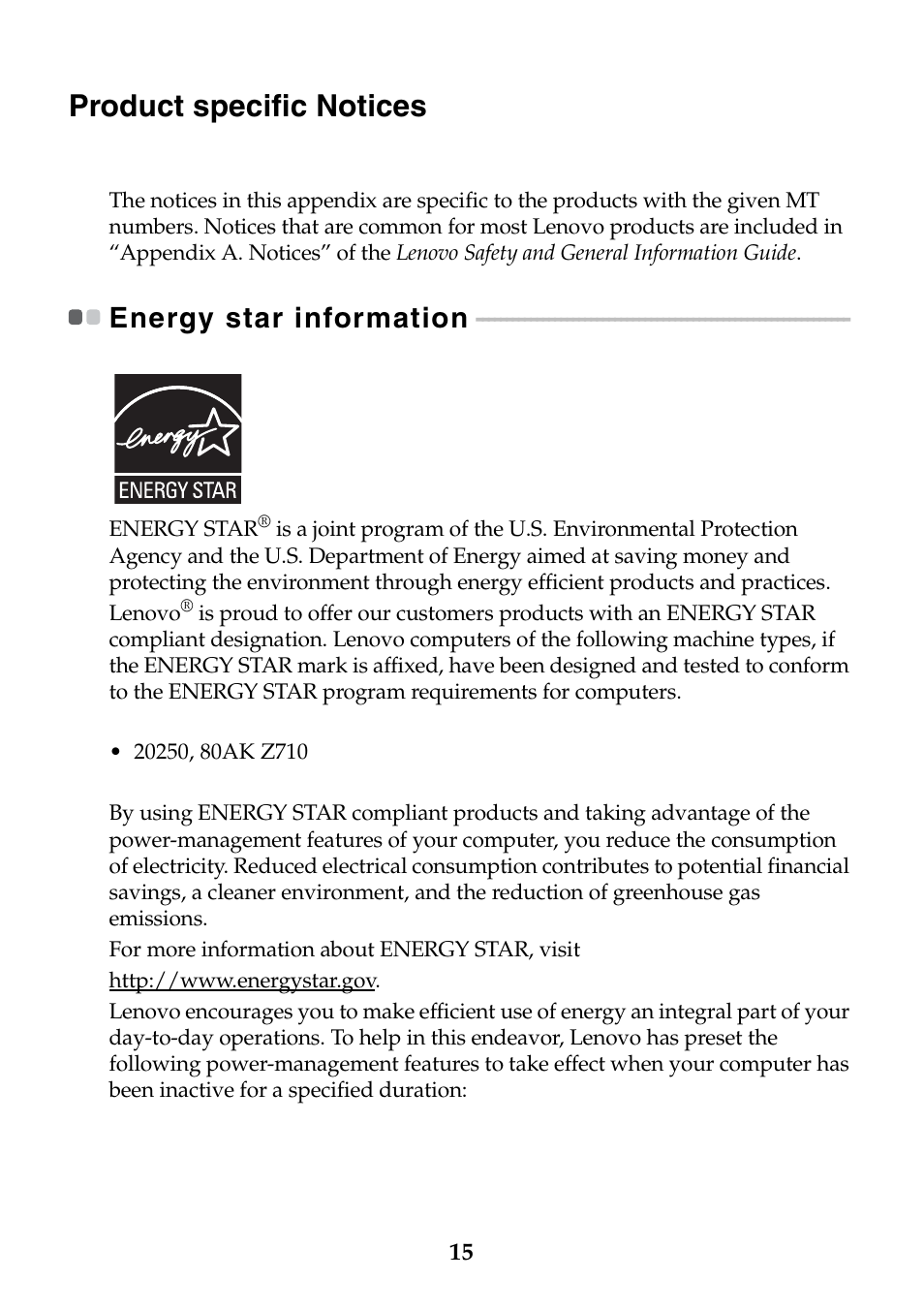 Product specific notices, Energy star information | Lenovo IdeaPad Z710 Notebook User Manual | Page 15 / 24