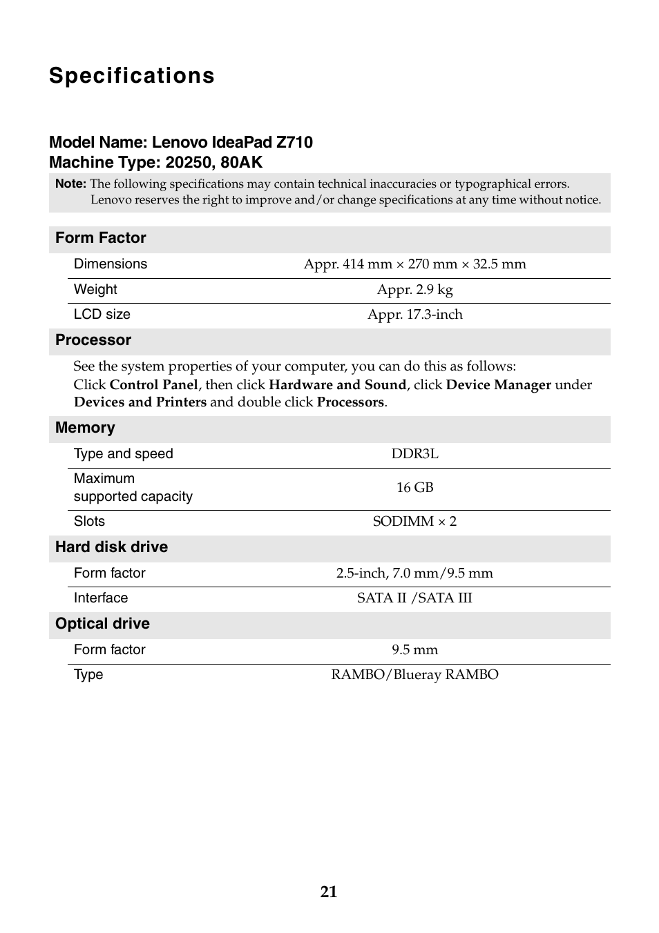 Specifications | Lenovo IdeaPad Z710 Notebook User Manual | Page 21 / 24