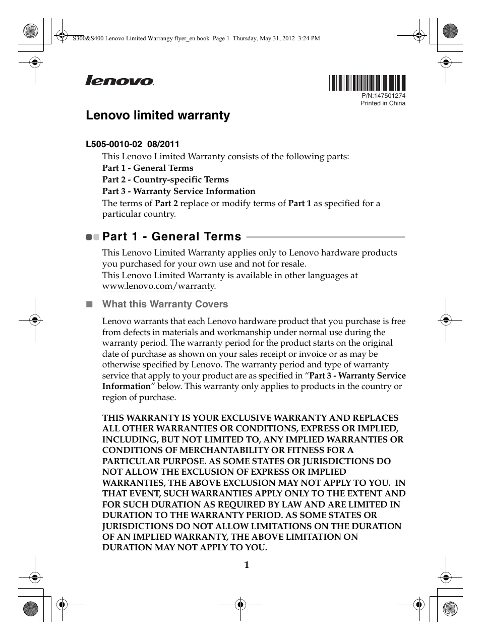 Lenovo IdeaPad S400 Notebook User Manual | 20 pages