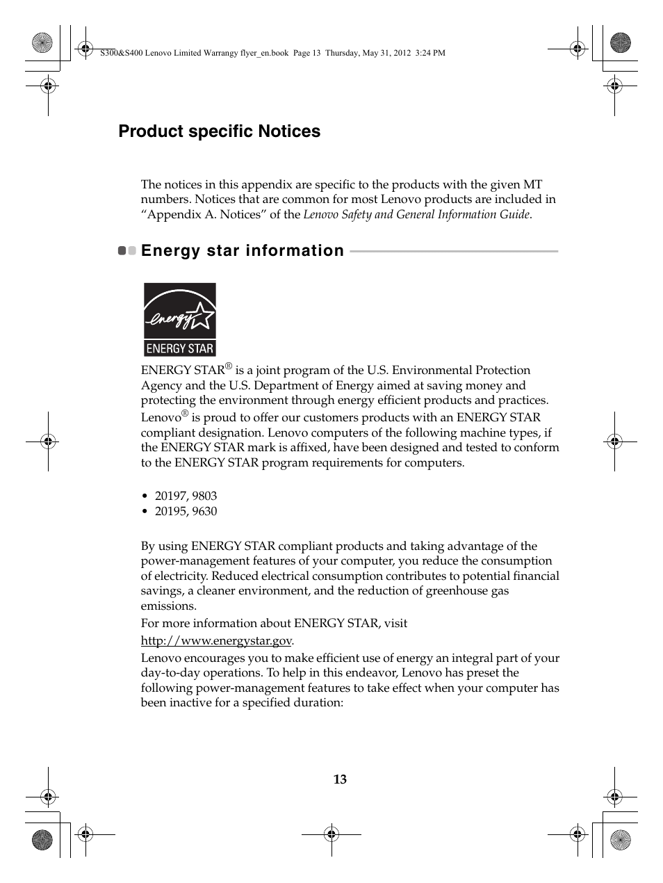 Product specific notices, Energy star information | Lenovo IdeaPad S400 Notebook User Manual | Page 13 / 20