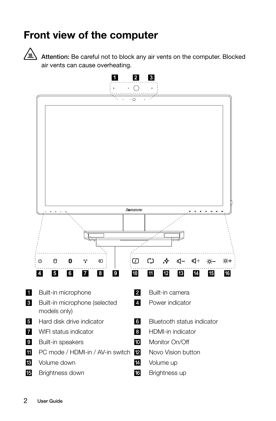 Front view of the computer | Lenovo A730 All-in-One IdeaCentre User Manual | Page 7 / 47