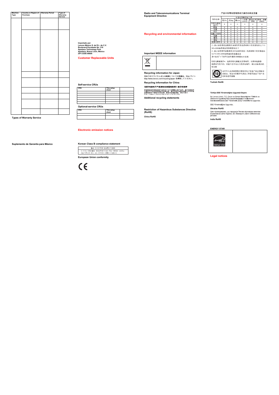 Types of warranty service, Suplemento de garantía para méxico, Customer replaceable units | Self-service crus, Optional-service crus, Electronic emission notices, Korean class b compliance statement, European union conformity, Recycling and environmental information, Important weee information | Lenovo M490s notebook User Manual | Page 2 / 2