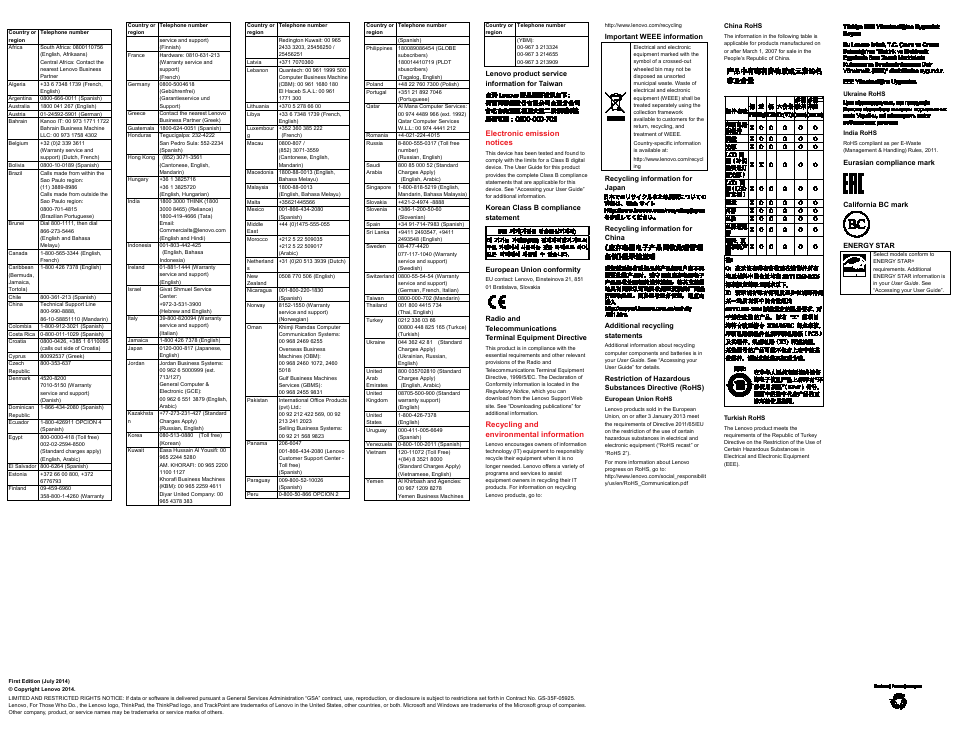 Lenovo product service information for taiwan, Electronic emission notices, Korean class b compliance statement | European union conformity, Http://www.lenovo.com/recycling, Recycling and environmental information, Important weee information, Recycling information for japan, Recycling information for china, Additional recycling statements | Lenovo ThinkPad E555 User Manual | Page 2 / 2