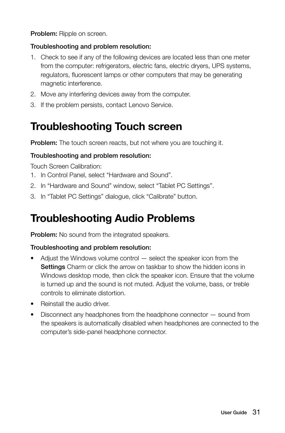 Troubleshooting touch screen, Troubleshooting audio problems | Lenovo A740 All In One User Manual | Page 36 / 47