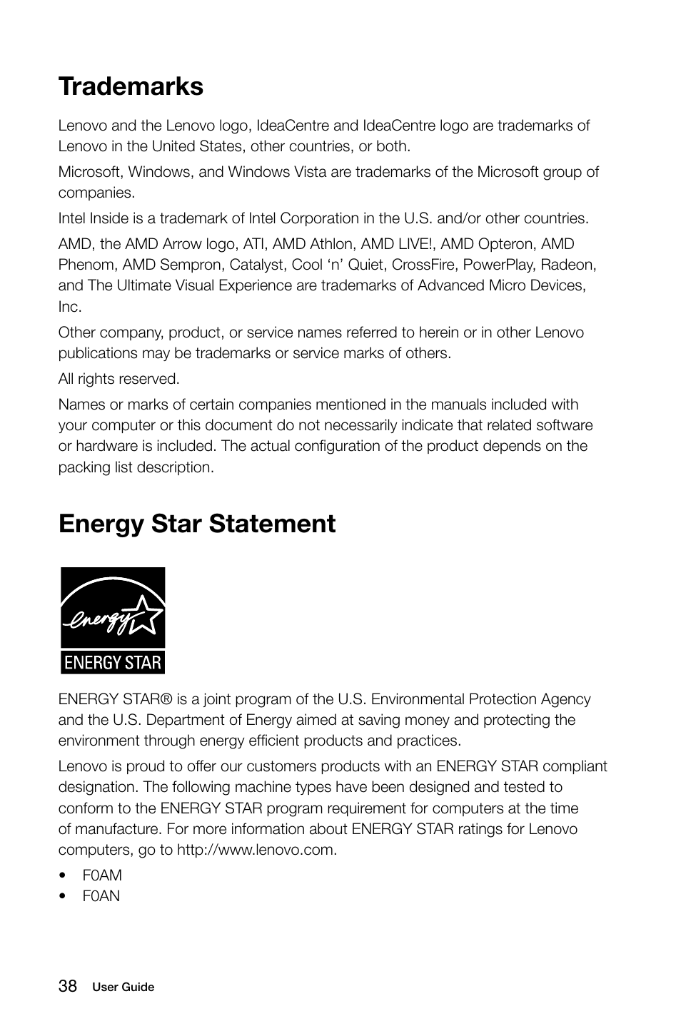 Trademarks, Energy star statement | Lenovo A740 All In One User Manual | Page 43 / 47