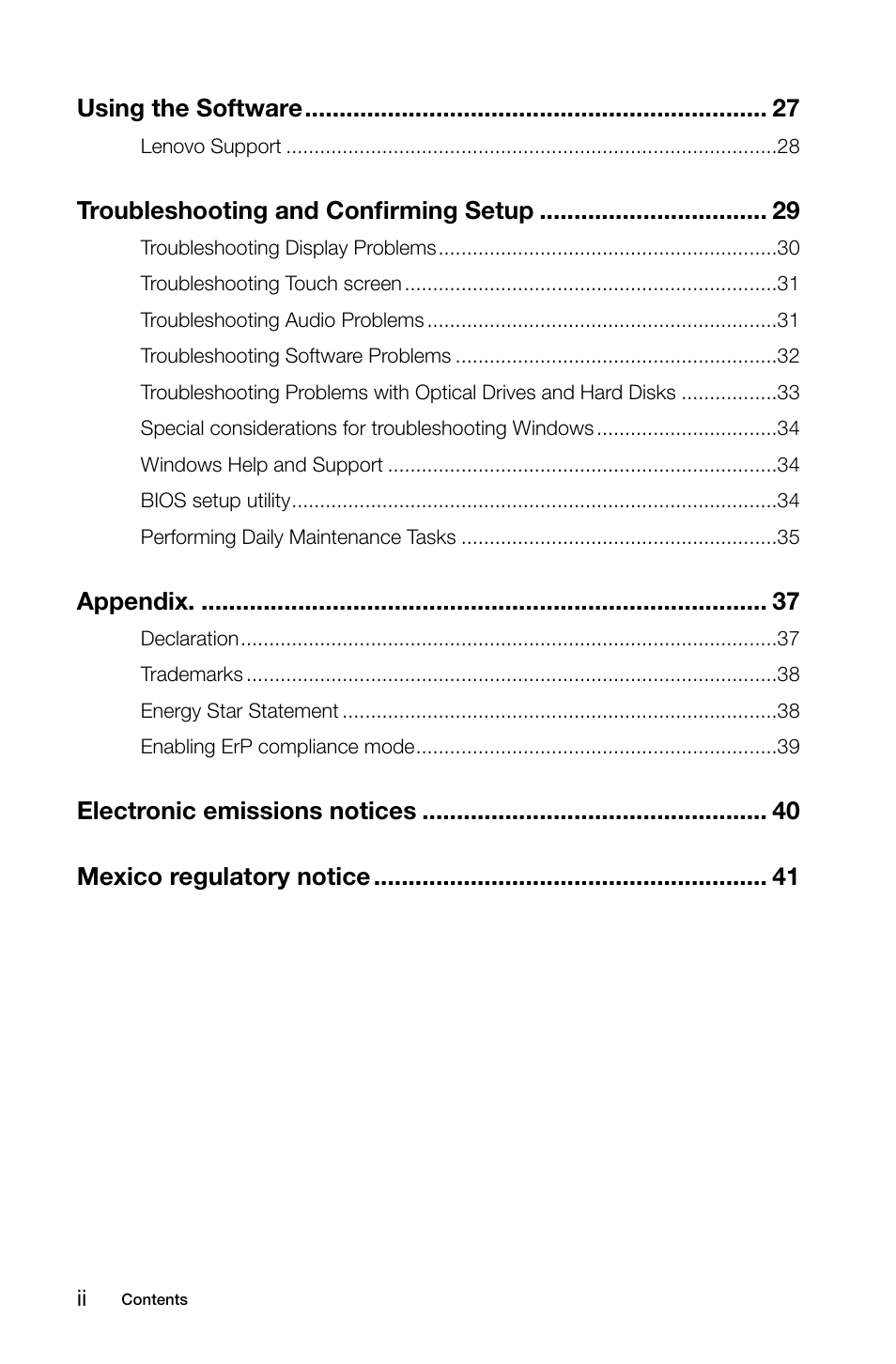 Using the software, Troubleshooting and confirming setup, Appendix | Lenovo A740 All In One User Manual | Page 5 / 47