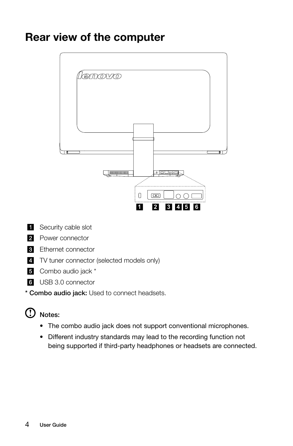 Rear view of the computer | Lenovo A740 All In One User Manual | Page 9 / 47