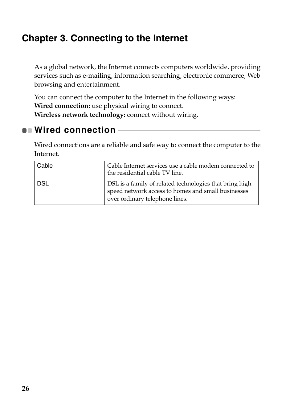 Chapter 3. connecting to the internet, Wired connection | Lenovo IdeaPad Z485 Notebook User Manual | Page 30 / 59