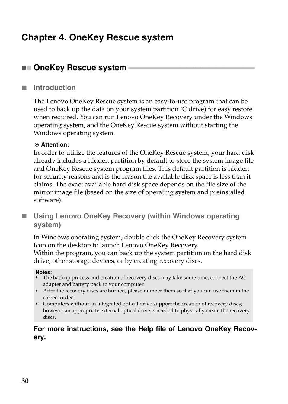 Chapter 4. onekey rescue system, Onekey rescue system | Lenovo IdeaPad Z485 Notebook User Manual | Page 34 / 59