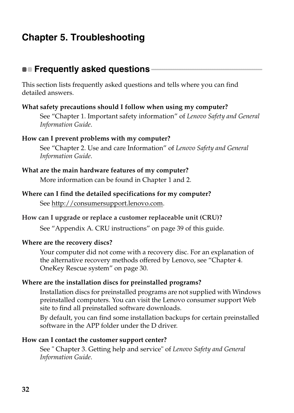 Chapter 5. troubleshooting, Frequently asked questions | Lenovo IdeaPad Z485 Notebook User Manual | Page 36 / 59