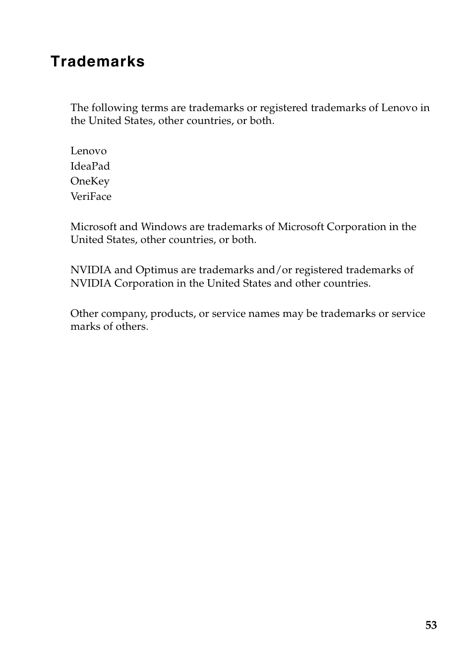 Trademarks | Lenovo IdeaPad Z485 Notebook User Manual | Page 57 / 59