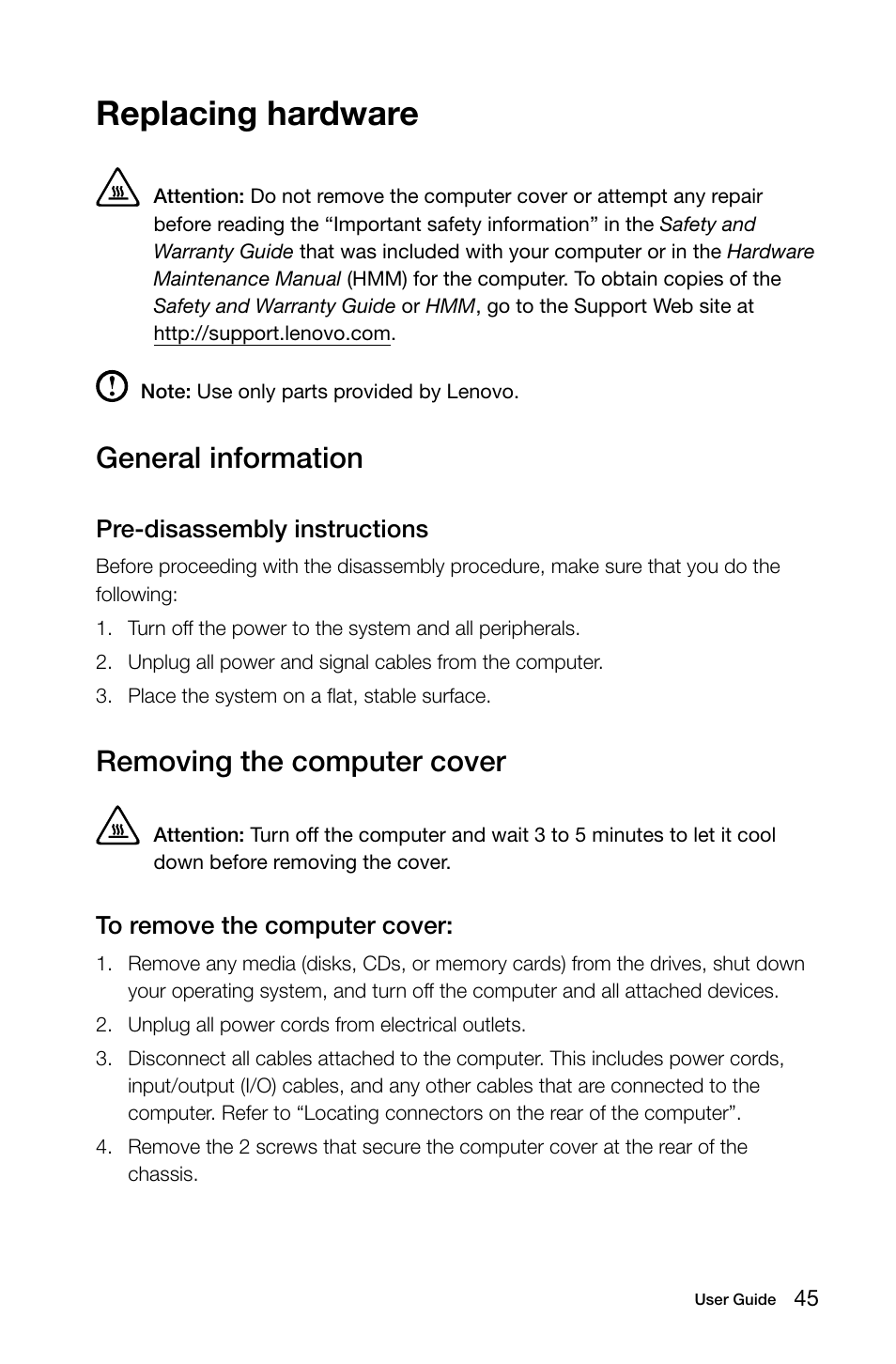 Replacing hardware, General information, Removing the computer cover | Lenovo H535s Desktop User Manual | Page 50 / 63