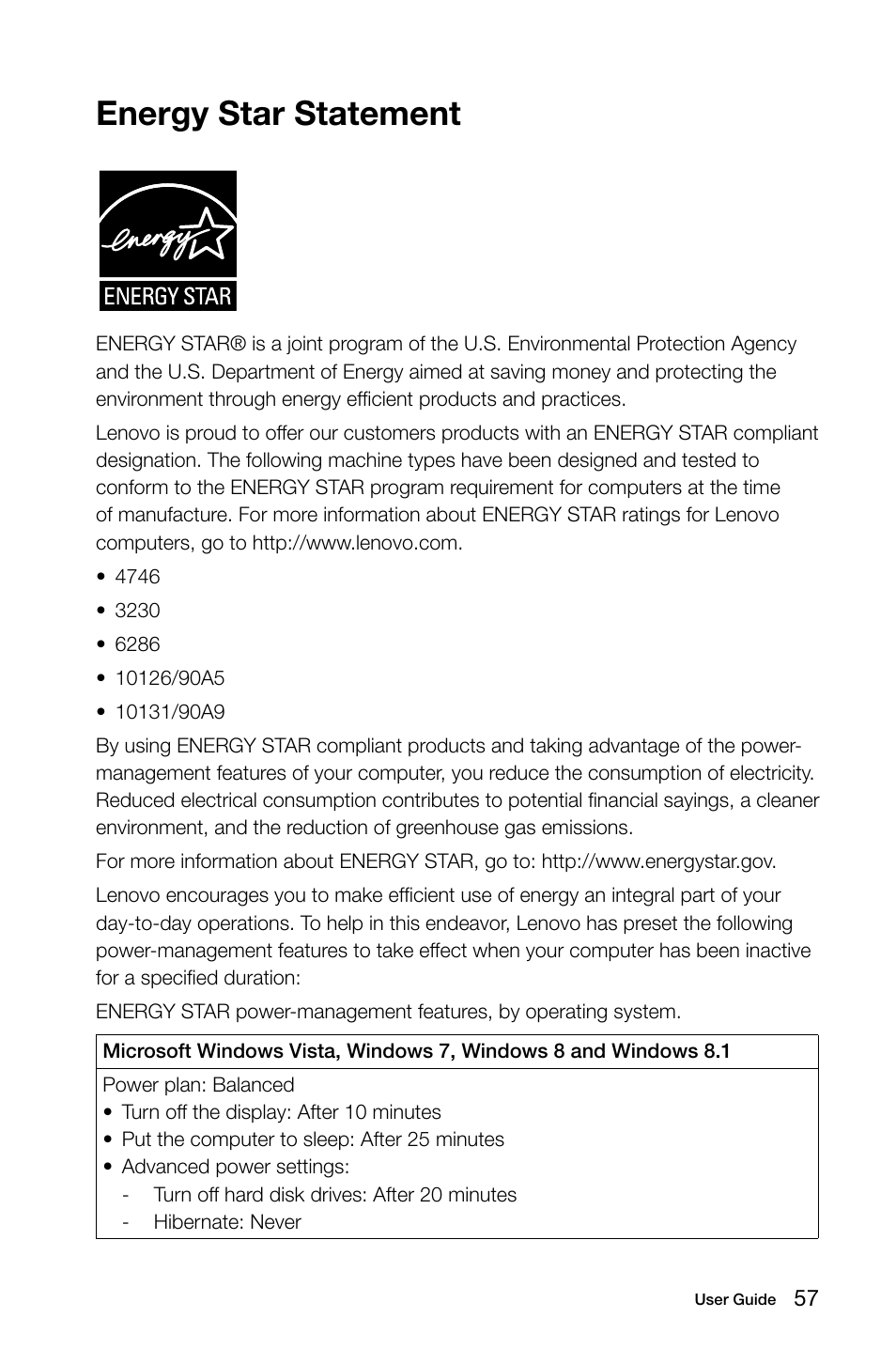 Energy star statement | Lenovo H535s Desktop User Manual | Page 62 / 63