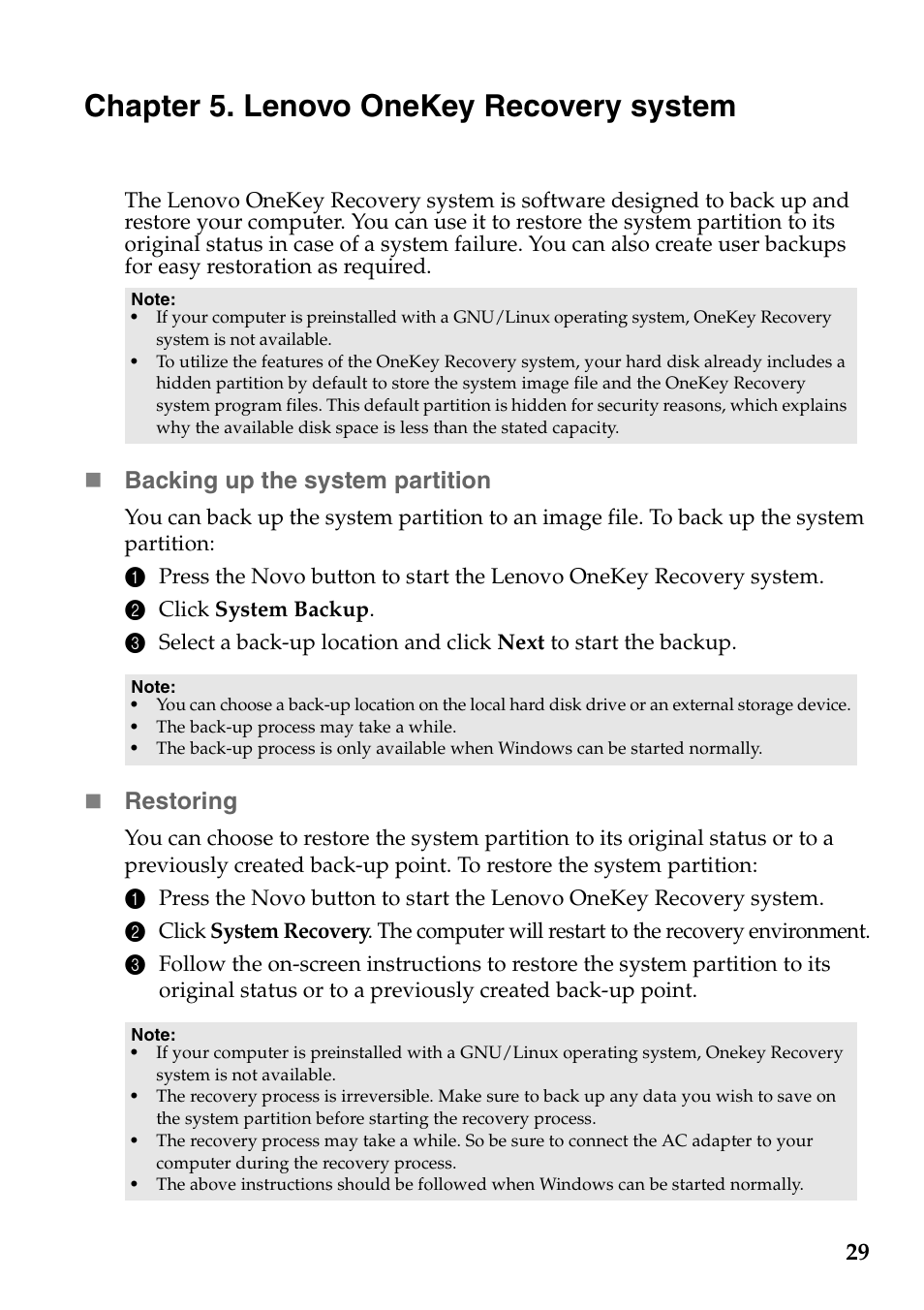 Chapter 5. lenovo onekey recovery system, Backing up the system partition, Restoring | Lenovo S40-70 Notebook User Manual | Page 35 / 46