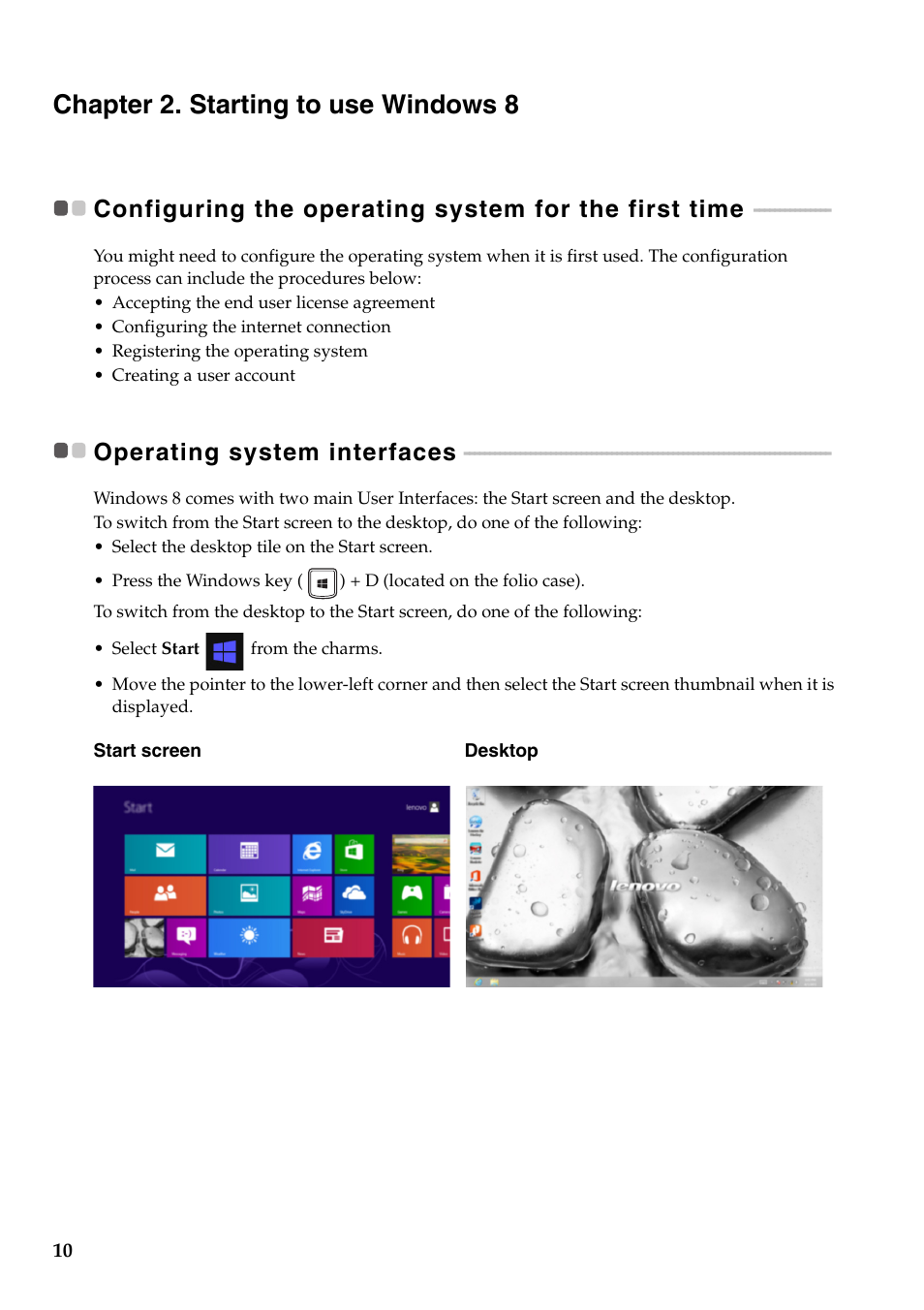 Chapter 2. starting to use windows 8, Operating system interfaces | Lenovo Miix 10 Tablet IdeaPad User Manual | Page 14 / 32