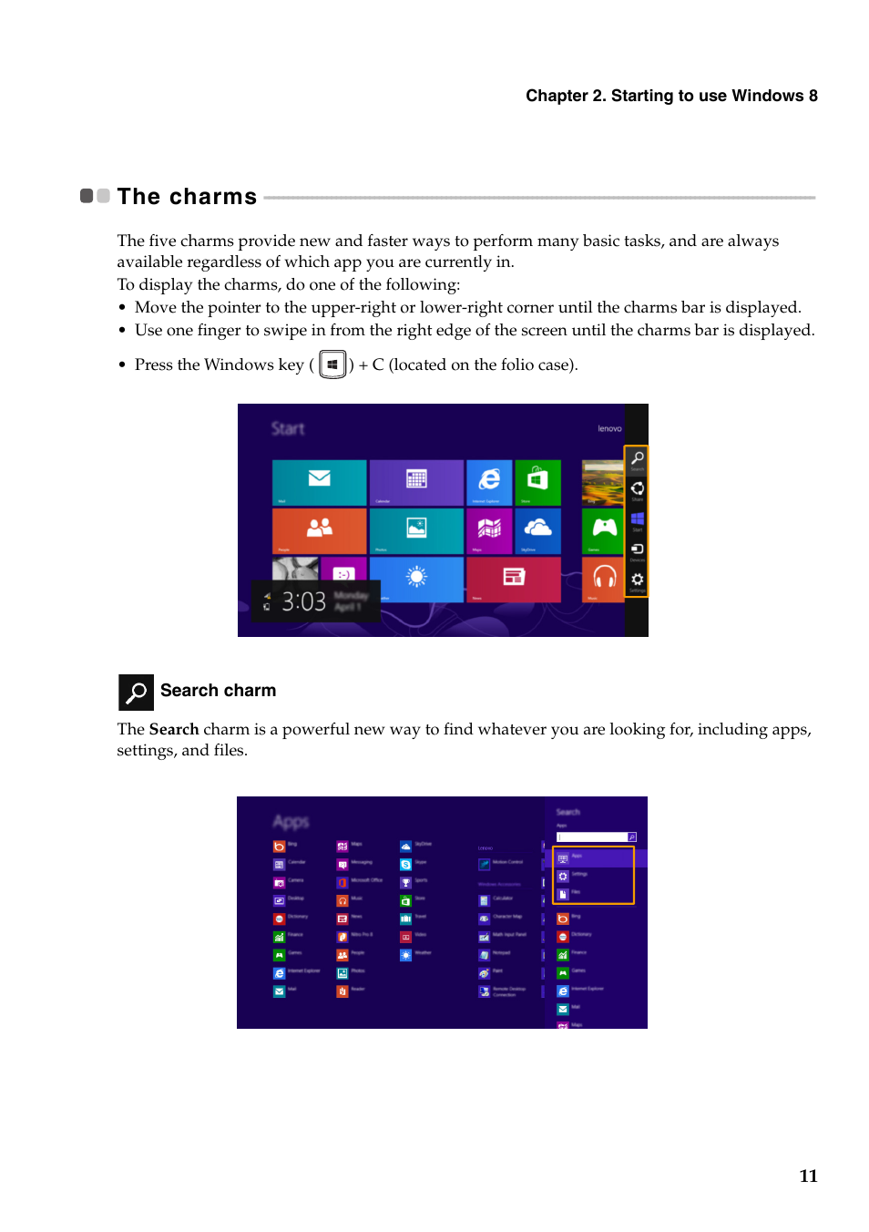 The charms | Lenovo Miix 10 Tablet IdeaPad User Manual | Page 15 / 32