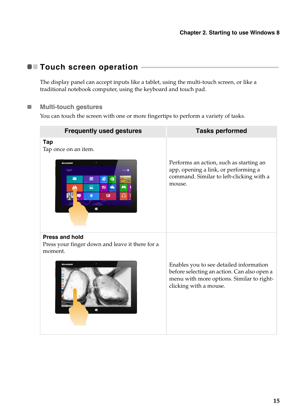 Touch screen operation | Lenovo Miix 10 Tablet IdeaPad User Manual | Page 19 / 32