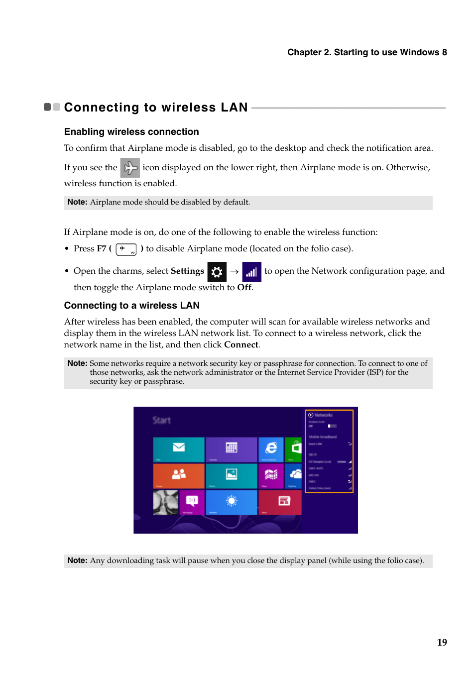 Connecting to wireless lan | Lenovo Miix 10 Tablet IdeaPad User Manual | Page 23 / 32