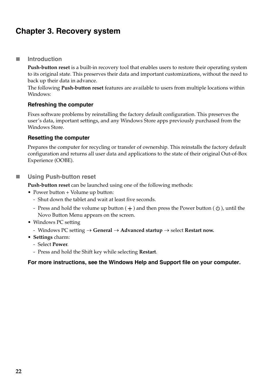 Chapter 3. recovery system | Lenovo Miix 10 Tablet IdeaPad User Manual | Page 26 / 32