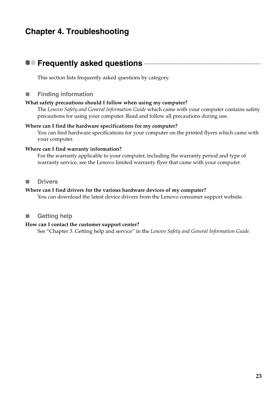 Chapter 4. troubleshooting, Frequently asked questions | Lenovo Miix 10 Tablet IdeaPad User Manual | Page 27 / 32