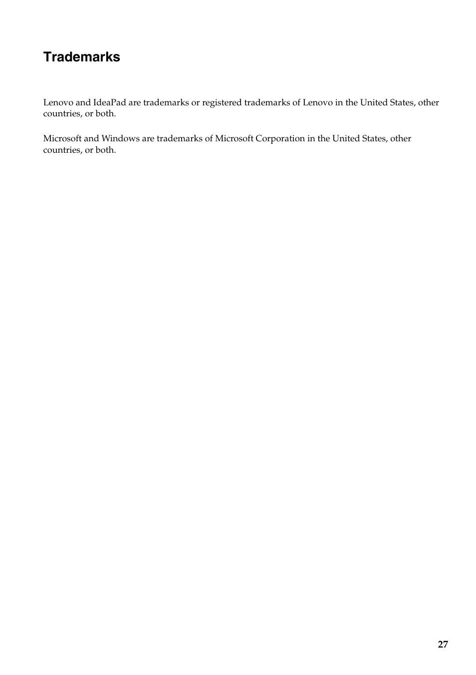 Trademarks | Lenovo Miix 10 Tablet IdeaPad User Manual | Page 31 / 32