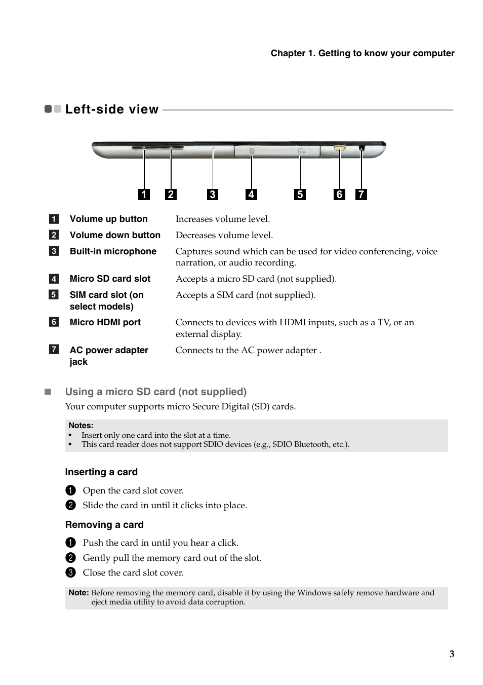 Left-side view | Lenovo Miix 10 Tablet IdeaPad User Manual | Page 7 / 32