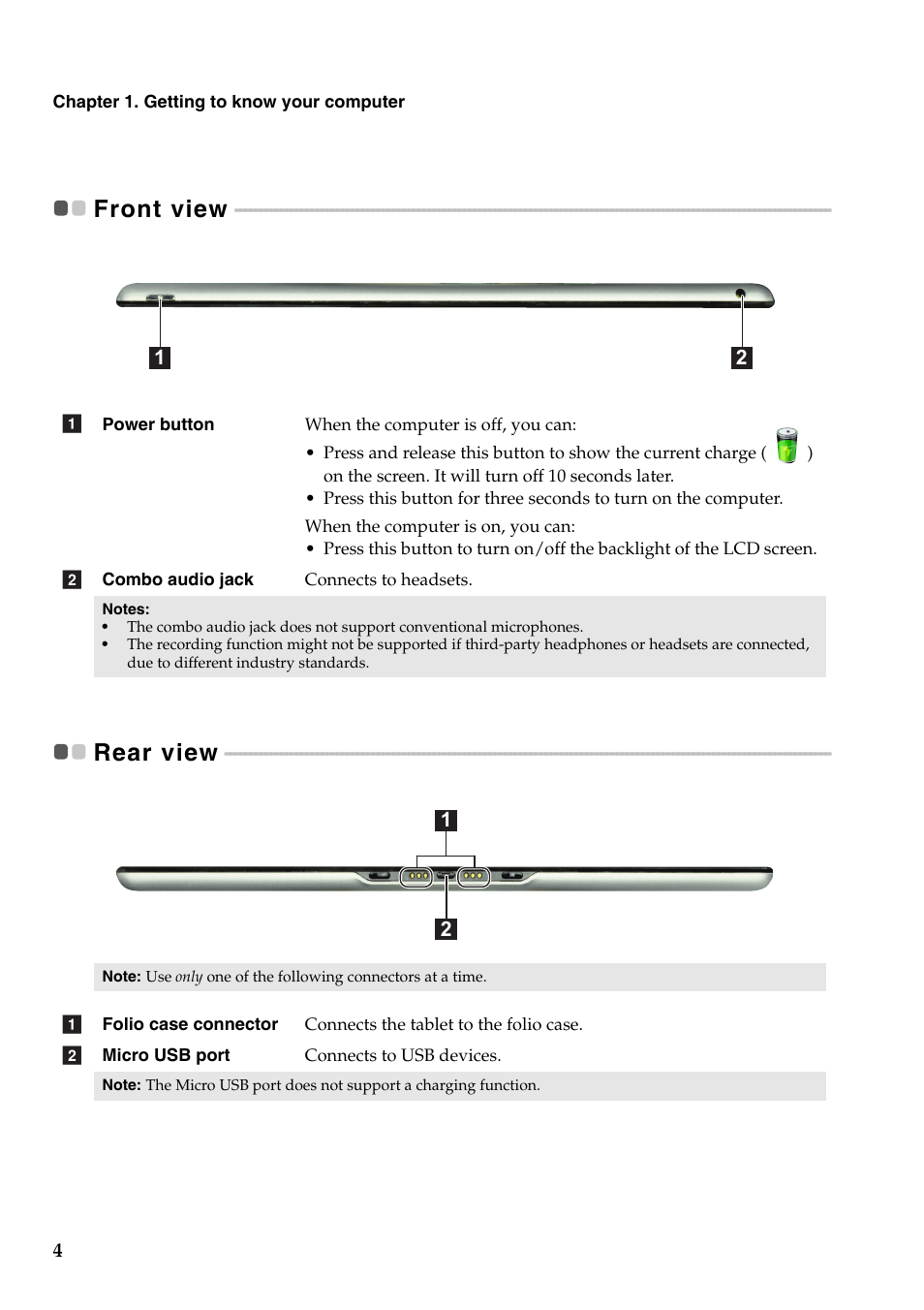 Front view, Rear view, Front view rear view | Lenovo Miix 10 Tablet IdeaPad User Manual | Page 8 / 32