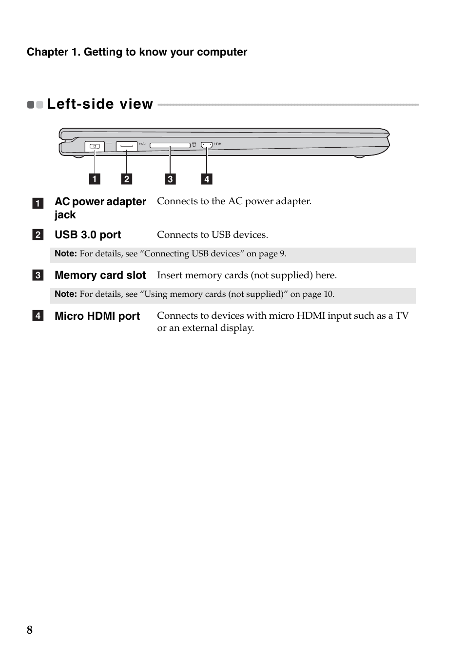 Left-side view | Lenovo Yoga 2 11 Notebook Lenovo User Manual | Page 12 / 38