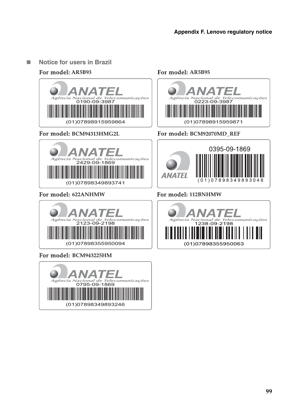 99  notice for users in brazil | Lenovo G460 Notebook User Manual | Page 107 / 130