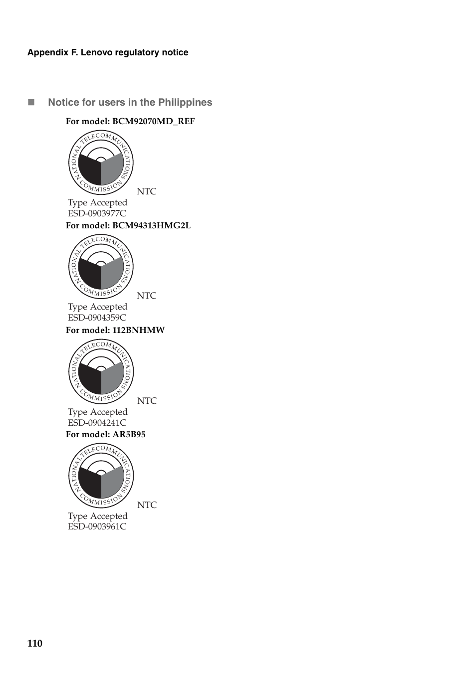 Notice for users in the philippines, Appendix f. lenovo regulatory notice | Lenovo G460 Notebook User Manual | Page 118 / 130