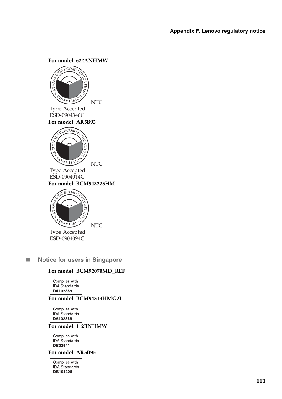 Notice for users in singapore, Appendix f. lenovo regulatory notice | Lenovo G460 Notebook User Manual | Page 119 / 130