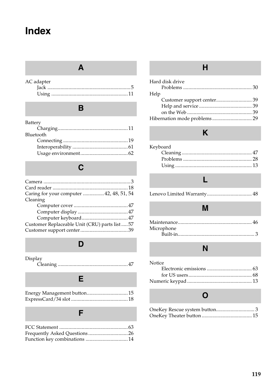Index | Lenovo G460 Notebook User Manual | Page 127 / 130