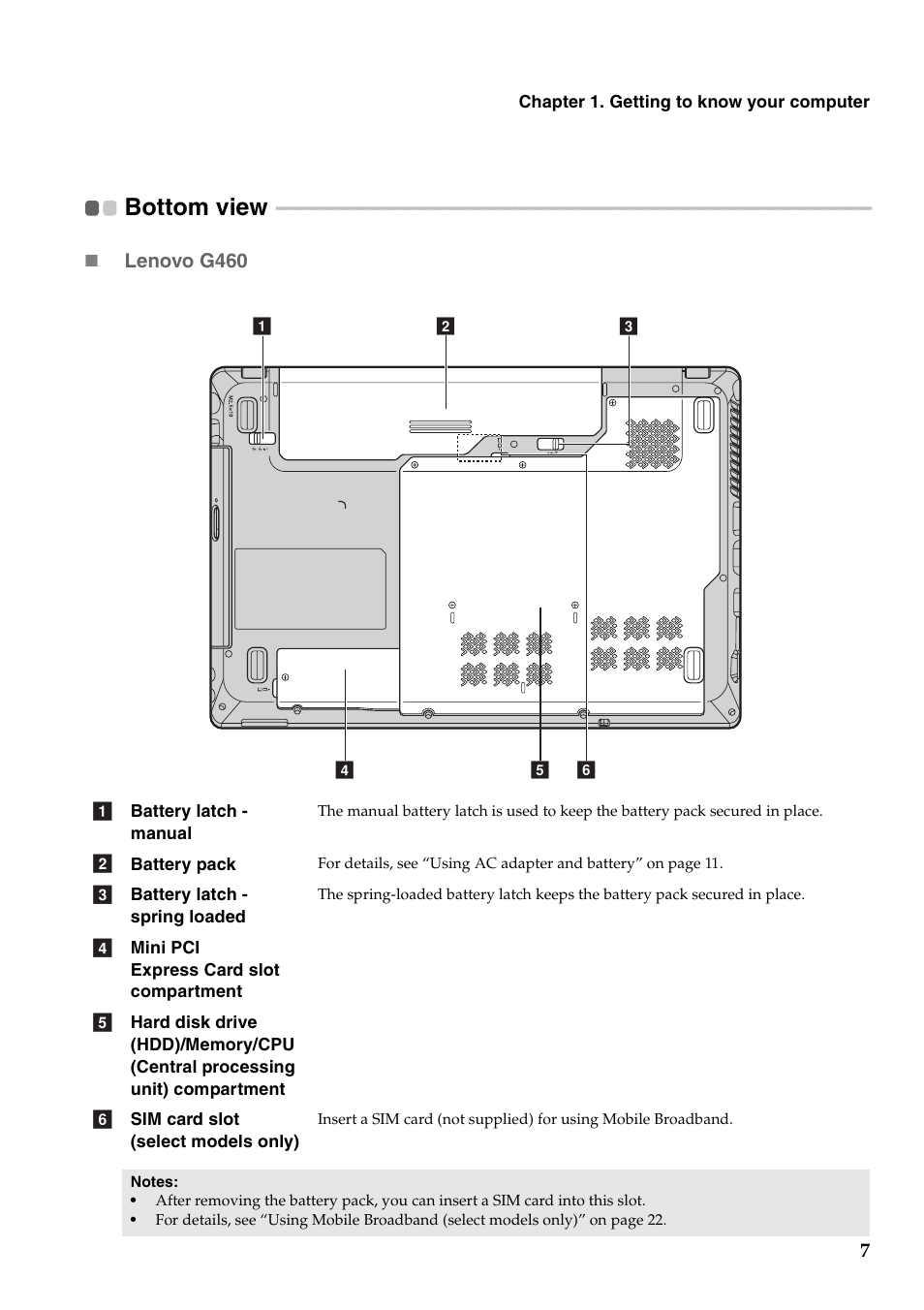 Bottom view | Lenovo G460 Notebook User Manual | Page 15 / 130