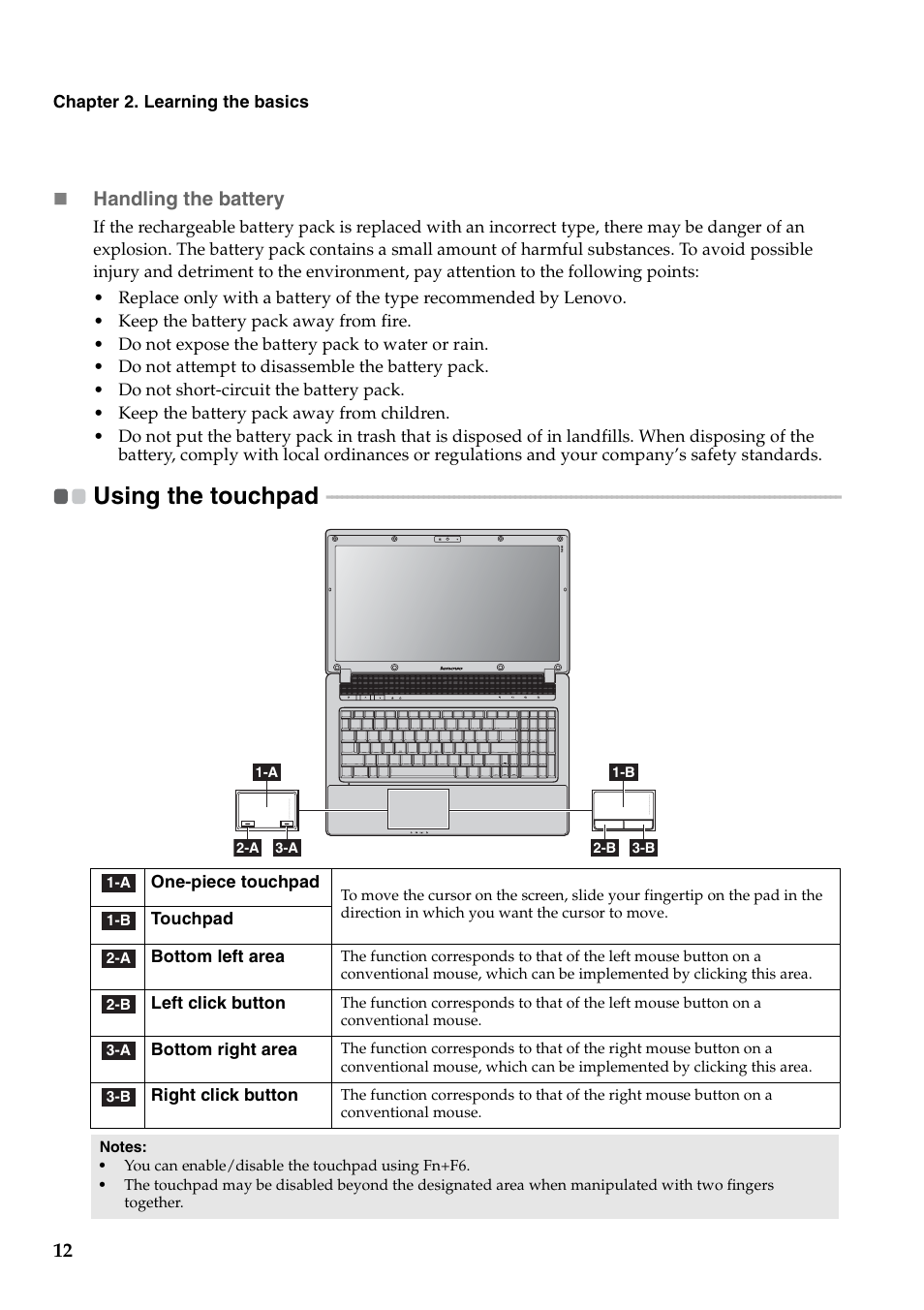 Using the touchpad, Handling the battery | Lenovo G460 Notebook User Manual | Page 20 / 130