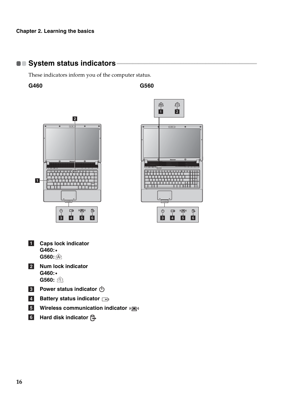 System status indicators | Lenovo G460 Notebook User Manual | Page 24 / 130