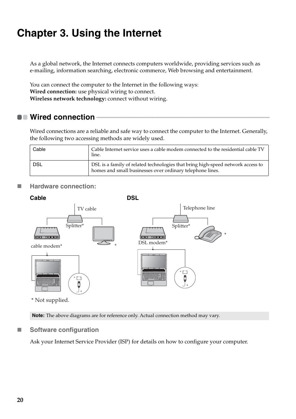 Chapter 3. using the internet, Wired connection | Lenovo G460 Notebook User Manual | Page 28 / 130