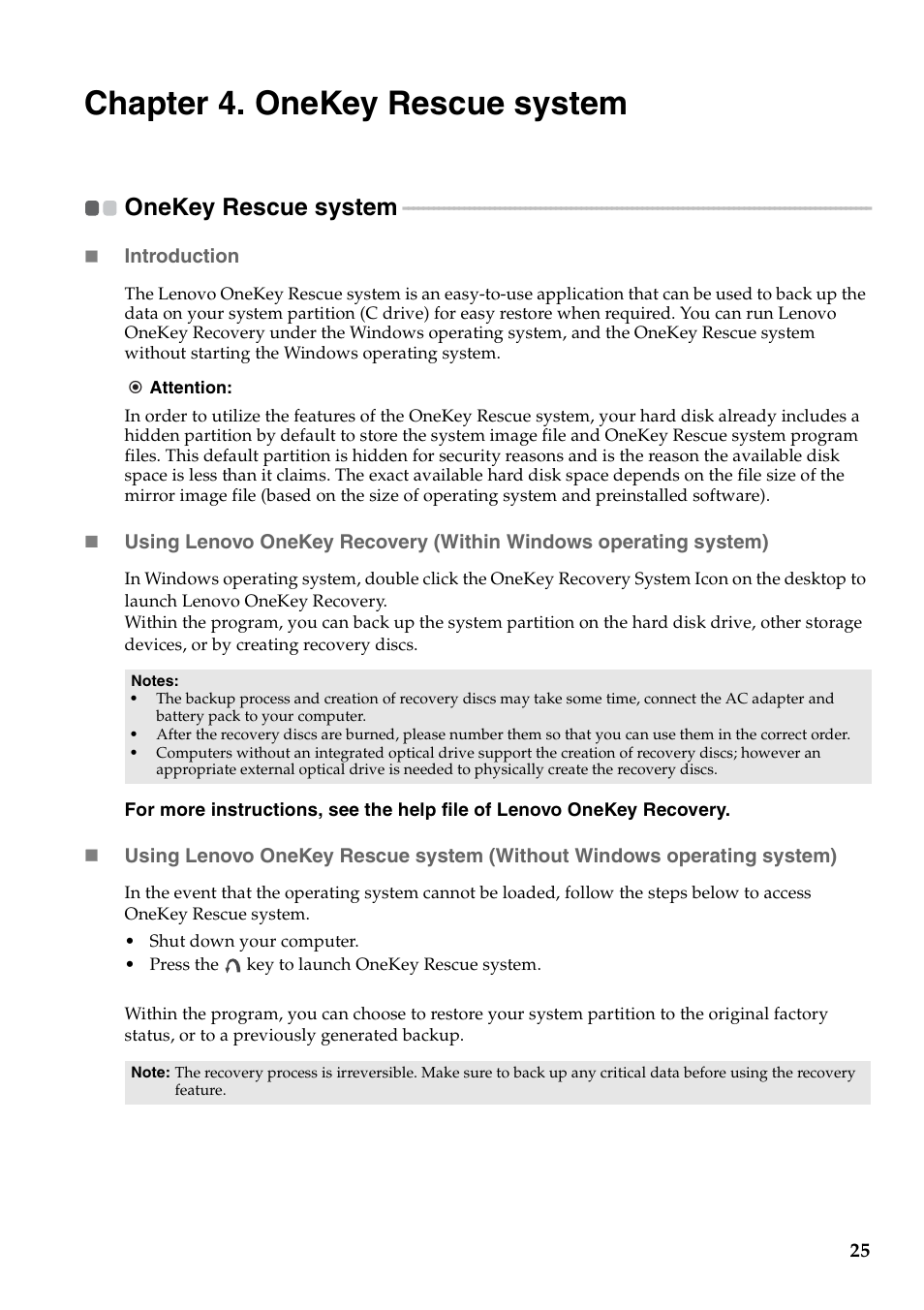 Chapter 4. onekey rescue system, Onekey rescue system | Lenovo G460 Notebook User Manual | Page 33 / 130