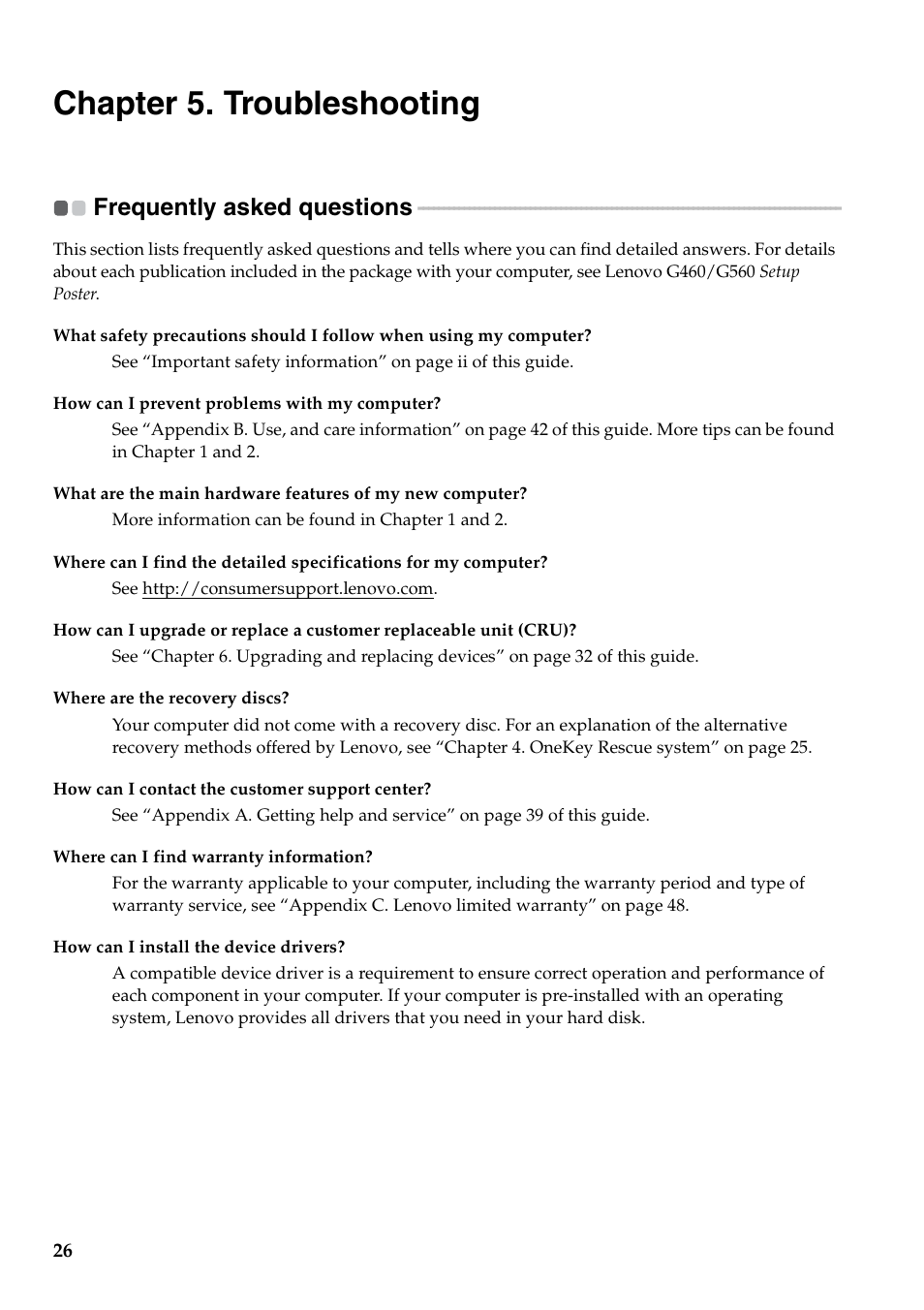 Chapter 5. troubleshooting, Frequently asked questions | Lenovo G460 Notebook User Manual | Page 34 / 130