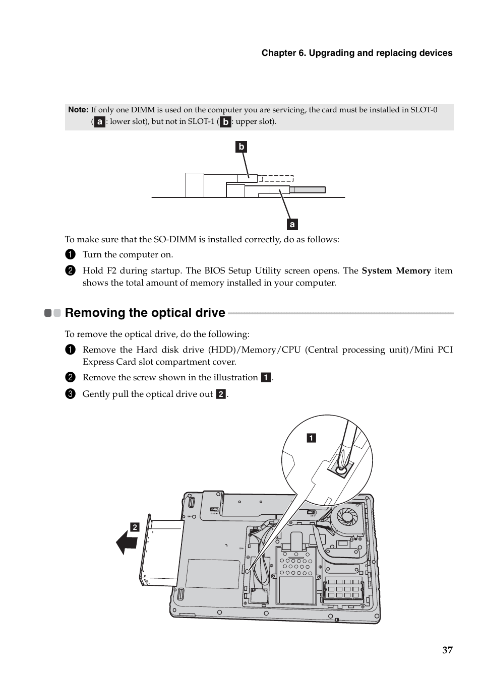 Removing the optical drive | Lenovo G460 Notebook User Manual | Page 45 / 130