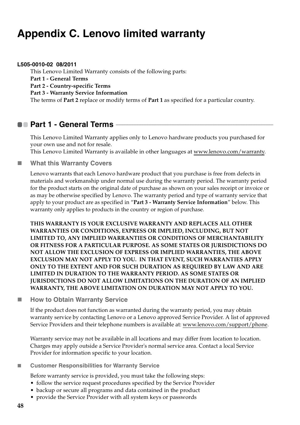 Appendix c. lenovo limited warranty, Part 1 - general terms | Lenovo G460 Notebook User Manual | Page 56 / 130