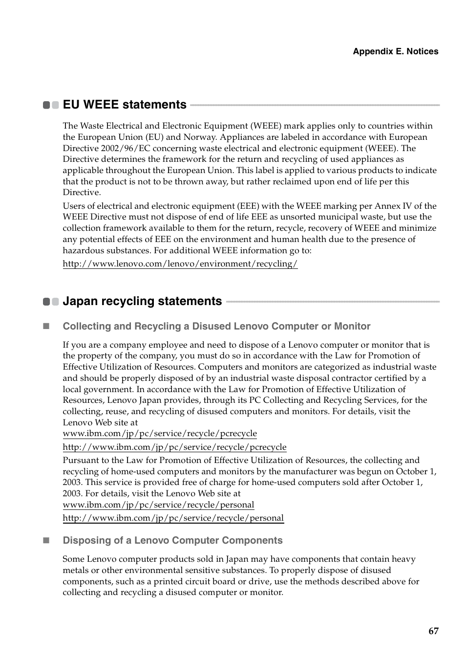 Eu weee statements, Japan recycling statements, Eu weee statements japan recycling statements | Lenovo G460 Notebook User Manual | Page 75 / 130