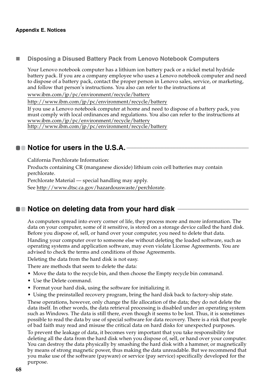 Notice for users in the u.s.a, Notice on deleting data from your hard disk | Lenovo G460 Notebook User Manual | Page 76 / 130