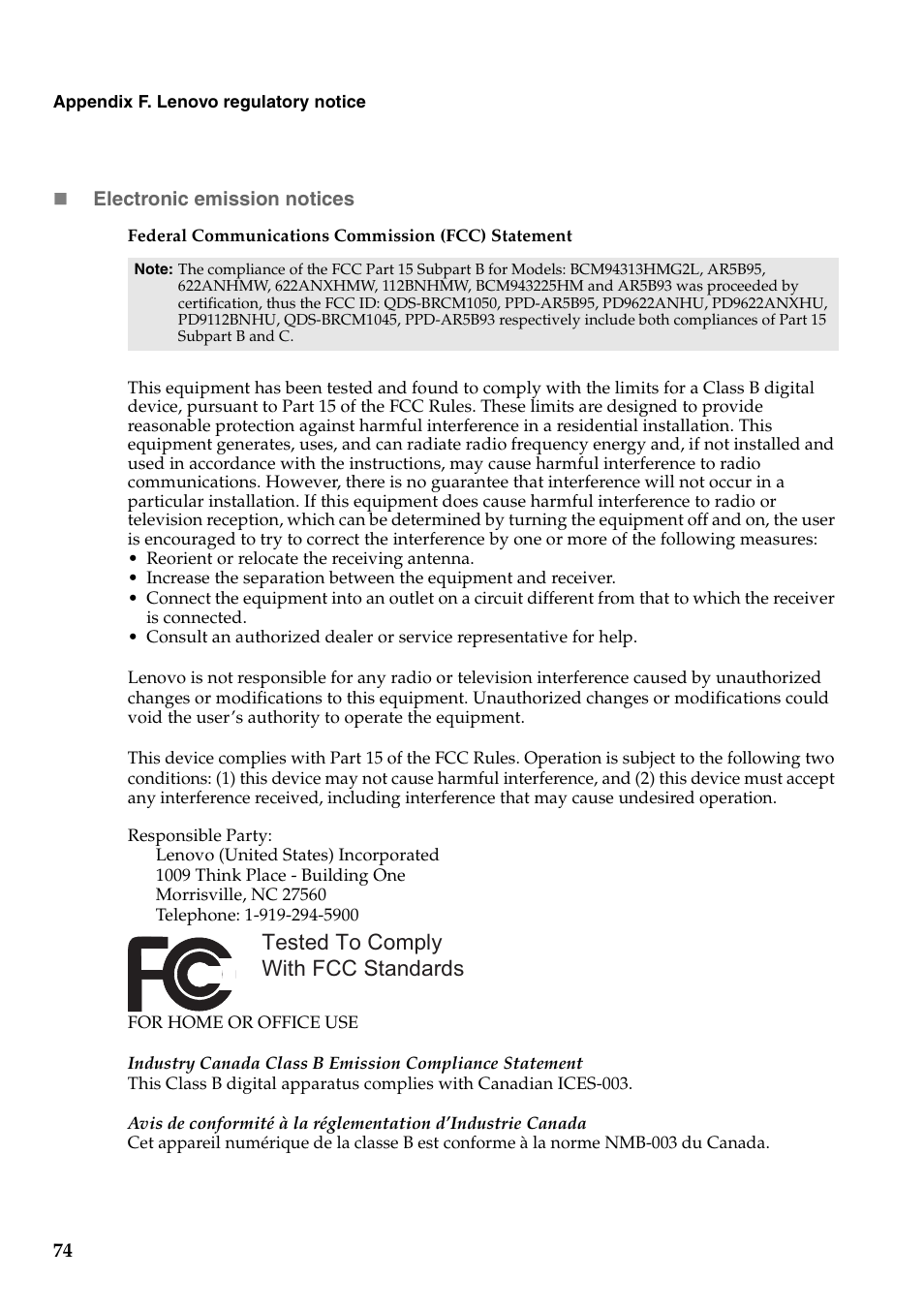 Tested to comply with fcc standards | Lenovo G460 Notebook User Manual | Page 82 / 130