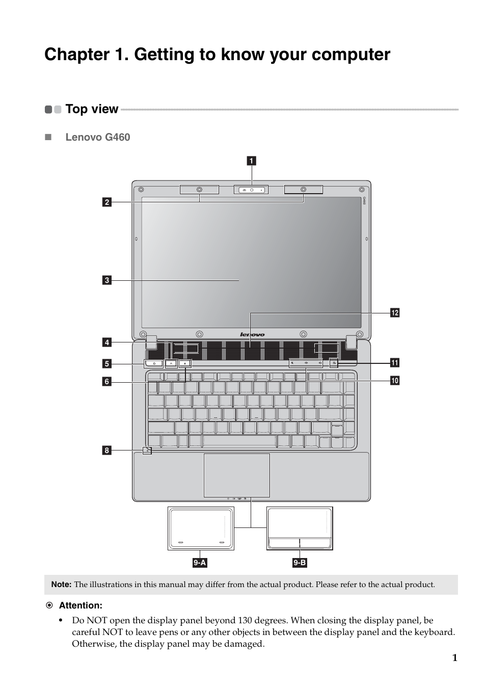 Chapter 1. getting to know your computer, Top view | Lenovo G460 Notebook User Manual | Page 9 / 130